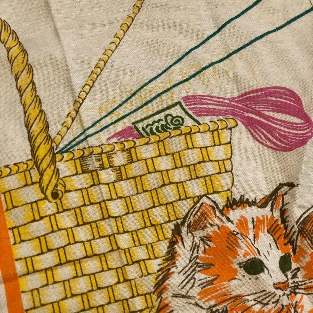 Vintage Italian Hand-Printed Kitten Tea Towel - 
